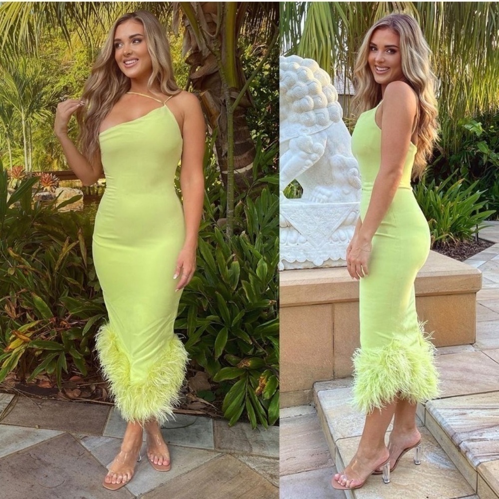 HOUSE OF CB Alessia Asymmetric Feather Trim Midi Dress in Lime Size X-Small